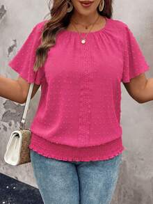 EMERY ROSE Ruffled Hem Elastic Waist Short Sleeve Round Neck Pullover Top, Plus Size Blouse - Hot Pink - View 1