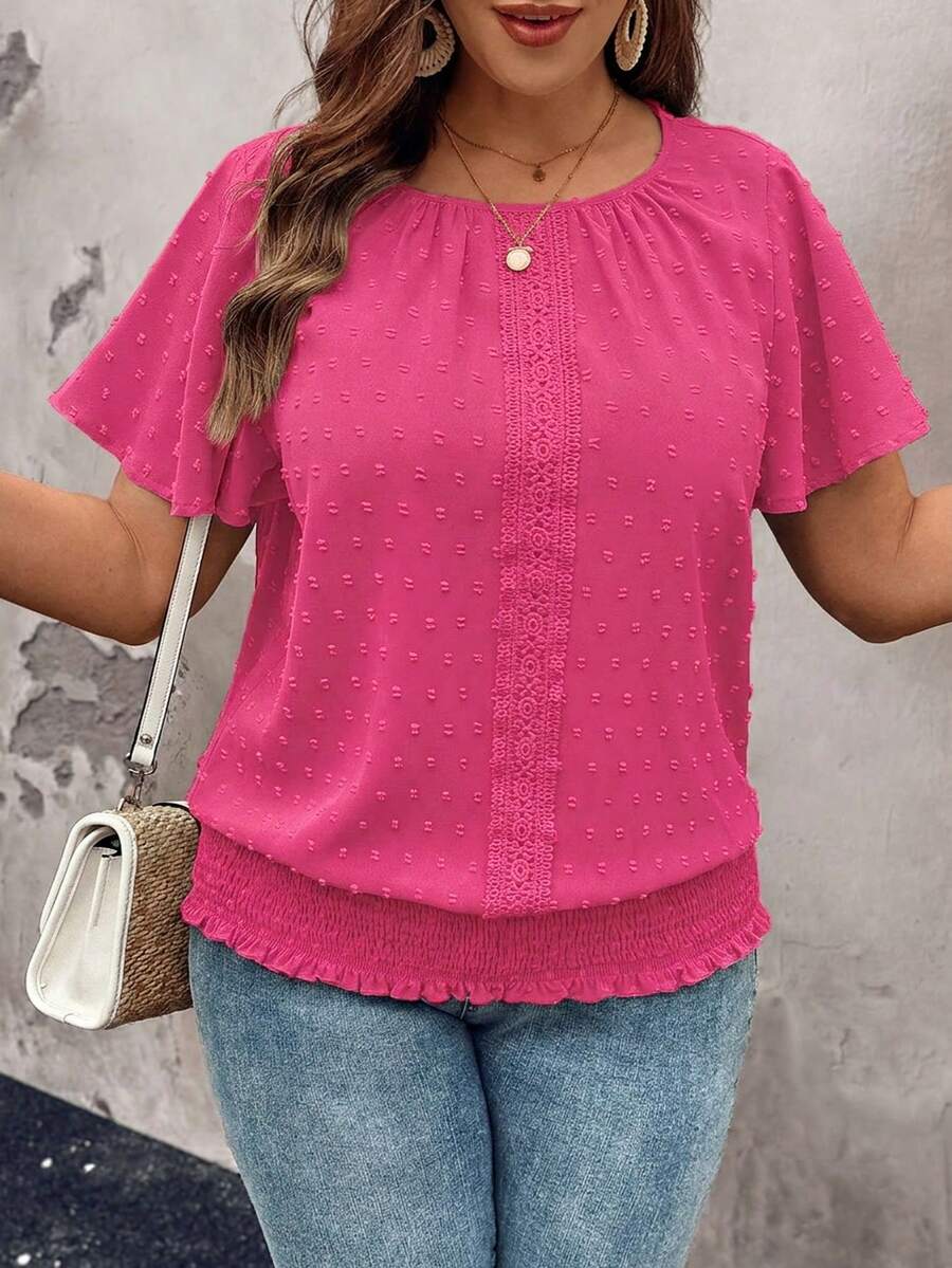 EMERY ROSE Ruffled Hem Elastic Waist Short Sleeve Round Neck Pullover Top, Plus Size Blouse - Hot Pink - View 1