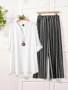 Rusticease Plus Size Women Casual Solid Color Top & Printed Pants 2 Pieces Set - Black and White - View 7