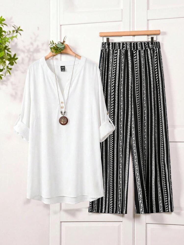 Plus Size Women Casual Solid Color Top & Printed Pants 2 Pieces Set