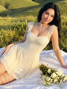 Sweetina 女士蕾丝拼接A字迷你连衣裙，杏色，夏季 - 杏色 - 查看 6