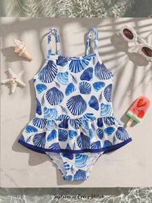 Cozy Pixies Baju Renang Terusan Bayi Perempuan untuk Liburan, Motif Kerang Biru & Putih, Tali Bahu Tipis, Hem Berkerut, Baju Renang Lucu dengan Trim Kontras untuk Kolam Renang, Liburan - Blue and White - View 4