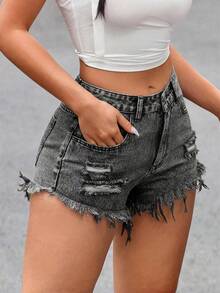 Jeanoix Plus Size Summer Casual Distressed Denim Shorts - Light Grey - View 3