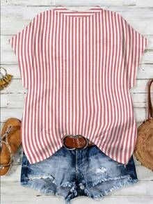 EMERY ROSE Plus Size Women Striped V-Neck Blouse With Cutout Sleeves, Minimalist Commuter Style - Multicolor - View 2