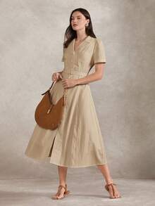Briarwyn Women's Fashion Solid Color Single-Breasted Waist Belt Long Dress - Khaki - View 4