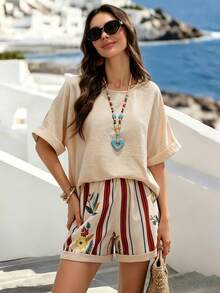 SHEIN LUNE Women's Summer Casual Boho Loose Fit Round Neck Top And Printed Shorts 2 Pieces Set Beach Beige - Apricot - View 5