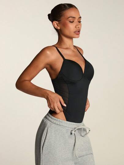 SHEIN BAE Bộ áo liền quần không tay màu đen phối lưới dành cho nữ, thích hợp cho mùa hè.