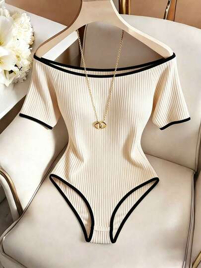 SHEIN Franclia Elegant Off Shoulder Color Block Textured Fitted Waist Bodysuit, Suitable For Work, Casual, Holiday, Party