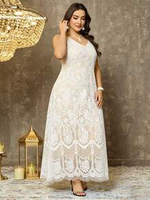 SHEIN Elenzya Đầm maxi dáng chữ A phối ren, dây mảnh, kiểu Pháp, thanh lịch, thoải mái, thích hợp cho mùa xuân/hè, đi làm hoặc đi nghỉ mát, dành cho người có vóc dáng đầy đặn. - trắng - Xem 3