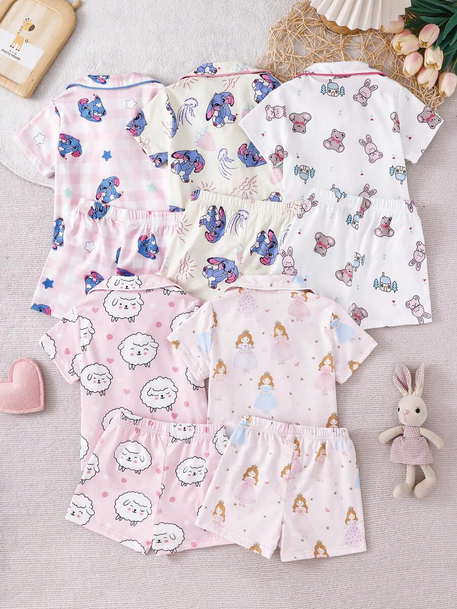2 Sets Random Baby Girls Cute Cartoon Print Pajama Set,White And Pink Summer Holiday Short Sleeve Cardigan Top&Shorts,Princess Sheep Bear Rabbit - Multicolor - View 1