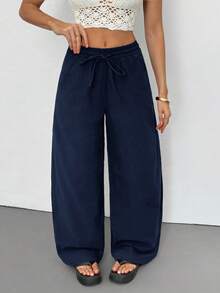 SHEIN Tall Quần nữ mùa hè/mọi mùa, phong cách đồng quê, đi xem hòa nhạc, đi biển, boho, tối giản, chất liệu 100% cotton, ống quần cong. - Màu xanh hải quân - Xem 3