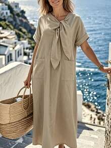 Lacomfia Plus Size Women's Vacation Dress, Loose Fit, Comfortable Short Sleeve, Front Pockets, Flared Hem Vacation Khaki Summer Elegant - Khaki - View 7