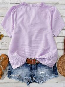 Linhara Plus Size Women's Solid Color Textured V-Neck Short Sleeve Casual Regular Blouse, Suitable For Going Out, Vacation, Club - Purple - View 2