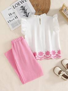 SHEIN Sparklyn 青少年女孩 2件/套 白色夏季熱帶度假風，花卉刺繡荷葉邊短袖上衣與寬鬆直筒長褲 - 粉色 - 查看 2
