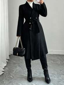 Elenzga Plus Size Women's Solid Color Double-Breasted Long Sleeve Elegant Overcoat - Black - View 4