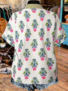 Linhara Plus Size Women Summer Casual Vacation Floral Print Notched Neck Short Sleeve Top Gym Brown - Black - View 2
