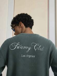 SWAVVY Men's Casual Embroidered Drop Shoulder Long Sleeve Sweater - Army Green - View 6