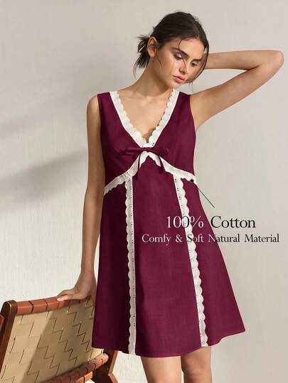 Ocili Đầm ngắn không tay, chất liệu 100% cotton, thêu hoa, kiểu dáng mở phía trước, thoải mái, thích hợp cho nữ.