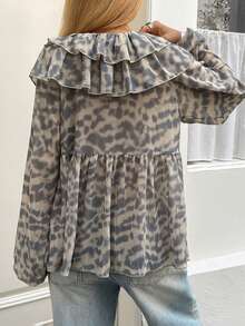 Blusa de moda con cuello de volantes, estampado de leopardo, manga farol y lazo delantero - Óxido marrón - Ver 2