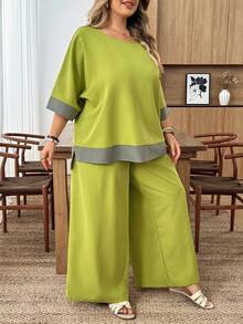 SHEIN CURVE+ 大尺碼女款橄欖綠兩件套，拼色3/4袖上衣與寬腿長褲，休閒時尚日常夏季穿搭，工作制服，度假穿著 - 綠色 - 查看 5