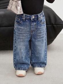 SHEIN Bubblio Quần ống rộng dáng suông màu xanh denim kiểu retro cho bé gái - Rửa trung bình - Xem 4