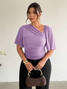 Firerie Plus Size Women Elegant Solid Color Asymmetrical Shoulder Top - Purple - View 5