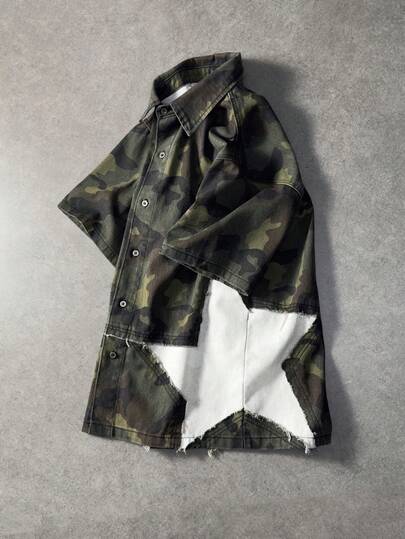 ROMWE MEN Men's Camouflage Print Button-Front Casual Short Sleeve Denim Shirt