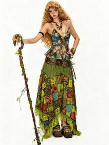 HueRush Chân váy mini chữ A phối nhiều mảnh vải phong cách hippie dành cho nữ, chân váy bất đối xứng kiểu retro Y2K. - màu xanh lá - Xem 5