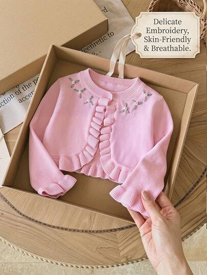 SHEIN Áo khoác cardigan dệt kim cho bé gái, áo khoác nhẹ mùa hè cho bé gái, áo khoác ngoài kiểu công chúa, khăn choàng tay dài, áo vest, áo cardigan viền bèo nhún, áo khoác ngoài váy.