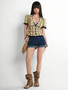 Rina Fox Áo sơ mi nữ kiểu Pháp thanh lịch, cổ chữ V, ve áo, eo thon, tay ngắn, kẻ caro. - Màu vàng - Xem 2