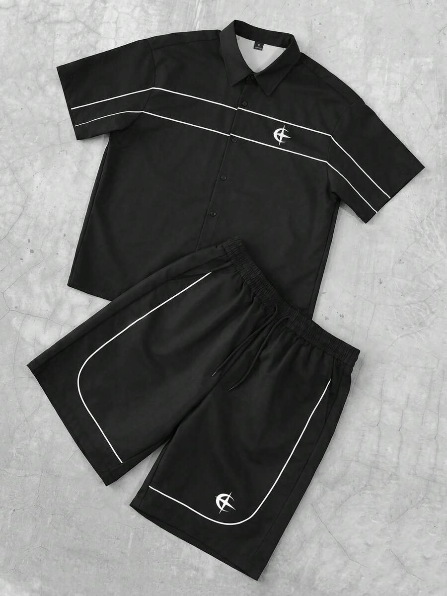 PAVTROS Bộ áo sơ mi ngắn tay và quần short in họa tiết kẻ sọc dành cho nam. - màu đen - Xem 1