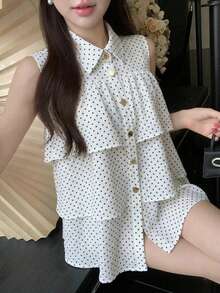 FRIFUL Women's Regular Lapel Metal Button Decor Loose Multi-Layered Ruffle Trim Loose Solid Color Summer Casual Blouse - Beige - View 3