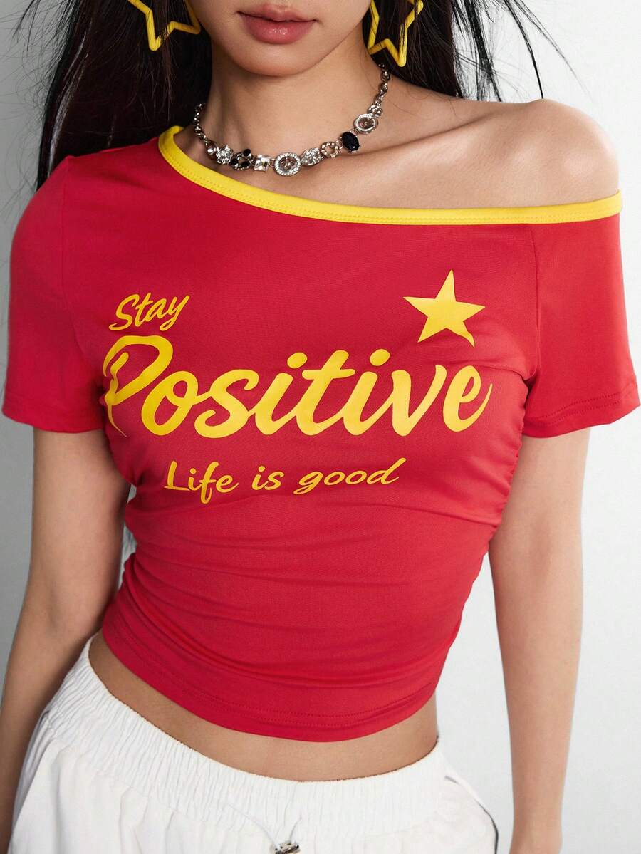 INAWLY Áo croptop phong cách Y2K, áo thun ngắn tay in chữ, khoét vai kiểu American Baddie, thích hợp cho mùa xuân/hè. - Đỏ - Xem 1