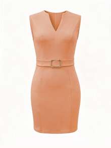 EMERY ROSE Vestido mini ajustado con cuello en V sin mangas y hebilla metálica en la cintura para mujeres - Naranja Coral - Ver 7