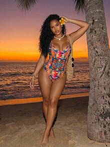 BamGleam Traje de baño de una pieza sin espalda con estampado integral para playa de verano y vacaciones - Naranja - Ver 6