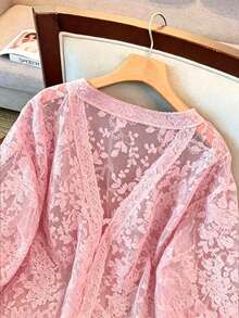 GlowEve CURVE Áo khoác cardigan nữ cỡ lớn cổ chữ V, thắt nơ phía trước, chất liệu xuyên thấu, cổ choàng, tay lửng, thêu, khoét lỗ. - Hồng - Xem 3