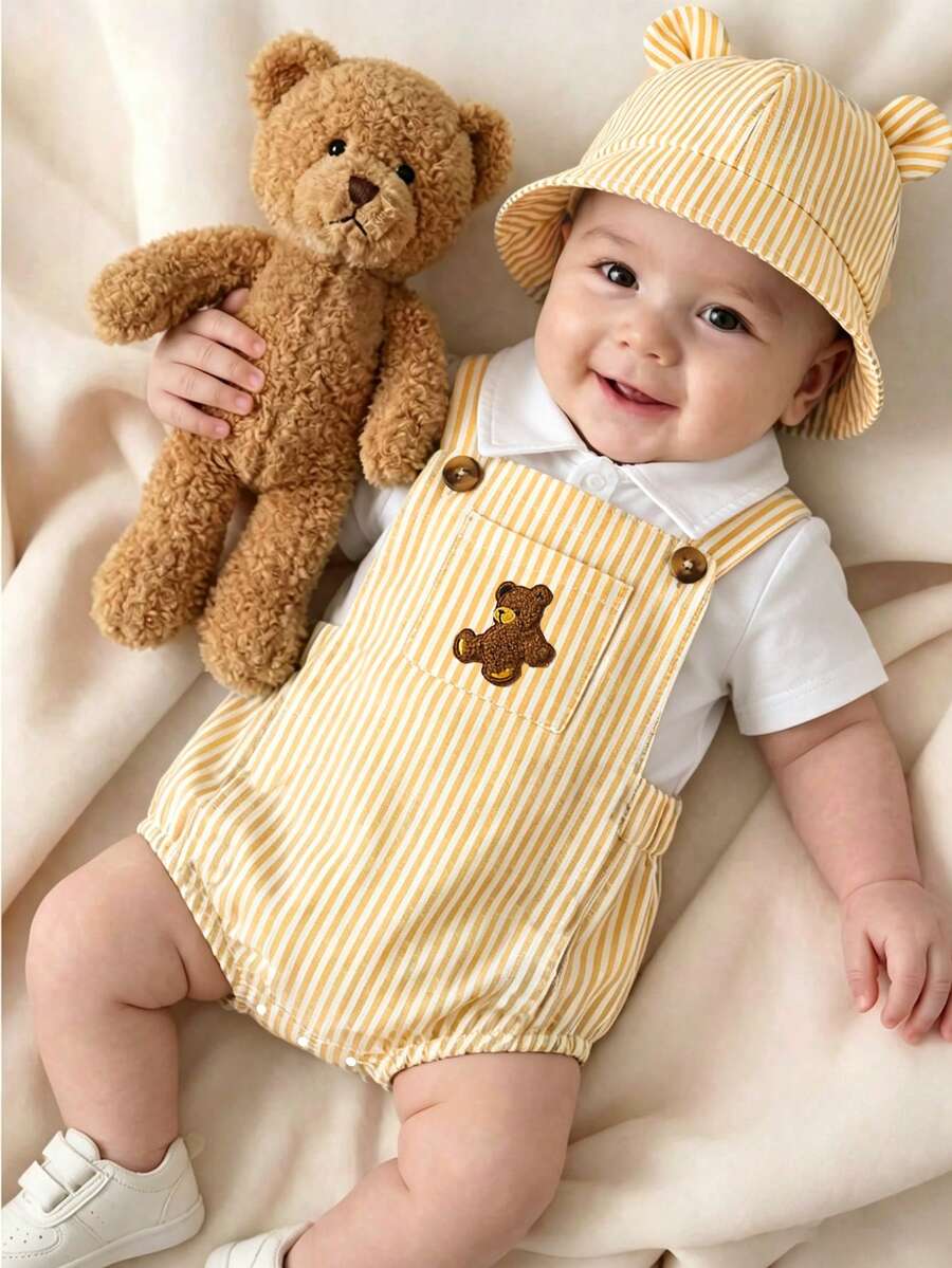 SHEIN Baby Boy's Pastel Yellow Summer Casual Outfit Cute Striped One-Piece Pullover With Bear Embroidery Adjustable Straps & Matching Ear Stud Hat Vacation - Yellow - View 1