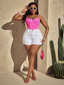 SHEIN SXY Plus Size Women Casual Distressed Pocket Button Denim Shorts - White - View 6