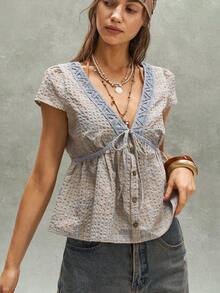 Bohemela Casual Woven Colorful Plaid Patchwork Ruffle Trim Fitted Women Shirt - Multicolor - View 4