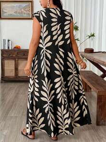 Weeklong Plus Size Vintage Tropical Long Flare Sleeve Dress, Spring/Summer Vacation Black - Multicolor - View 2