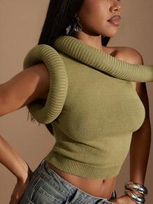 Denimoi Round Tube Neck And Sleeve Detail Sweater Top Fall & Winter Statement Sweater Fashionable - Green - View 2