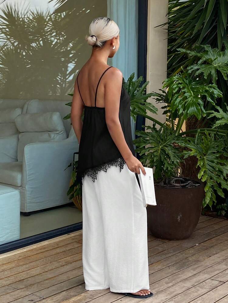 Women's Solid Color Spaghetti Strap Asymmetrical Hem Lace Patchwork Pajama Set, Summer