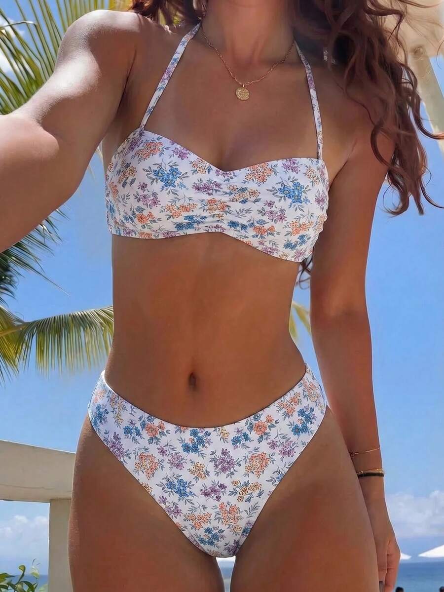 Swim Mod 花卉飾邊可愛甜美復古休閒度假海灘女款泳衣套裝 - 彩色 - 查看 1