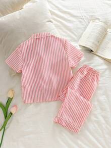 Young Girls' Striped Short Sleeve Pajama Set, Embroidered Rabbit Pocket, Spring/Summer/Autumn - Rose Red - View 2