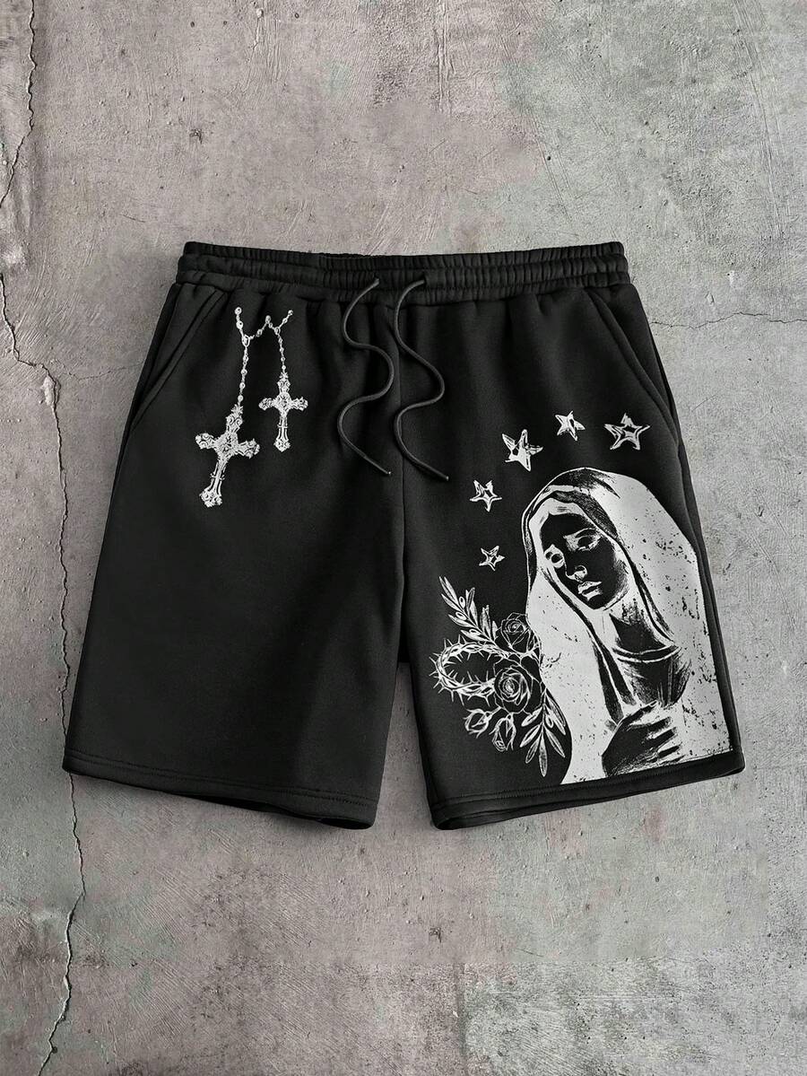 AXEPEAK Men's Casual Fashion Street Virgin Mary Cross Print Drawstring Waist Loose Shorts, Summer - Black - View 1