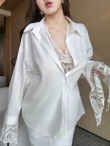 Vibekara Áo cánh ren rộng gợi cảm màu trơn dành cho nữ, trang phục thường ngày - trắng - Xem 3