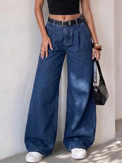 SHEIN Glamour Women's Pleated Casual Versatile Daily Wear Denim Wide Leg Pants