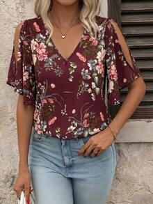 SHEIN Clasi Áo kiểu nữ cổ chữ V in hoa, tay bồng, xẻ tà - Màu Đỏ Sâu - Xem 4
