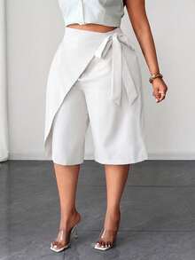 Maweii Pantalones cortos con cordón de unicolor para mujer de talla grande - Blanco - Ver 1