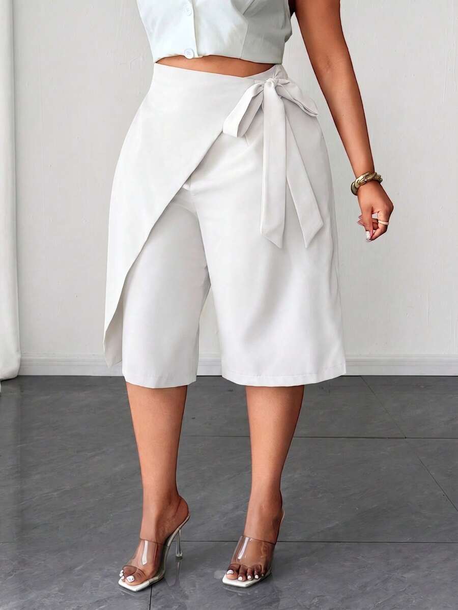 Maweii Pantalones cortos con cordón de unicolor para mujer de talla grande - Blanco - Ver 1